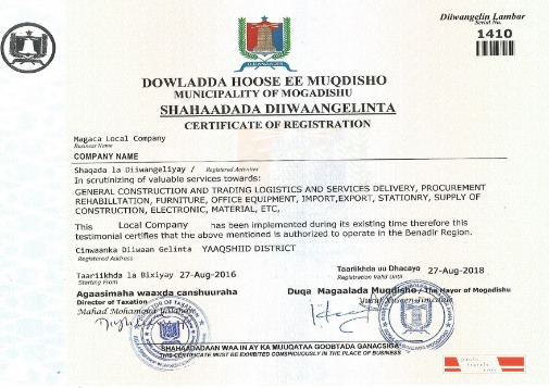 Somali Certificate of Registration